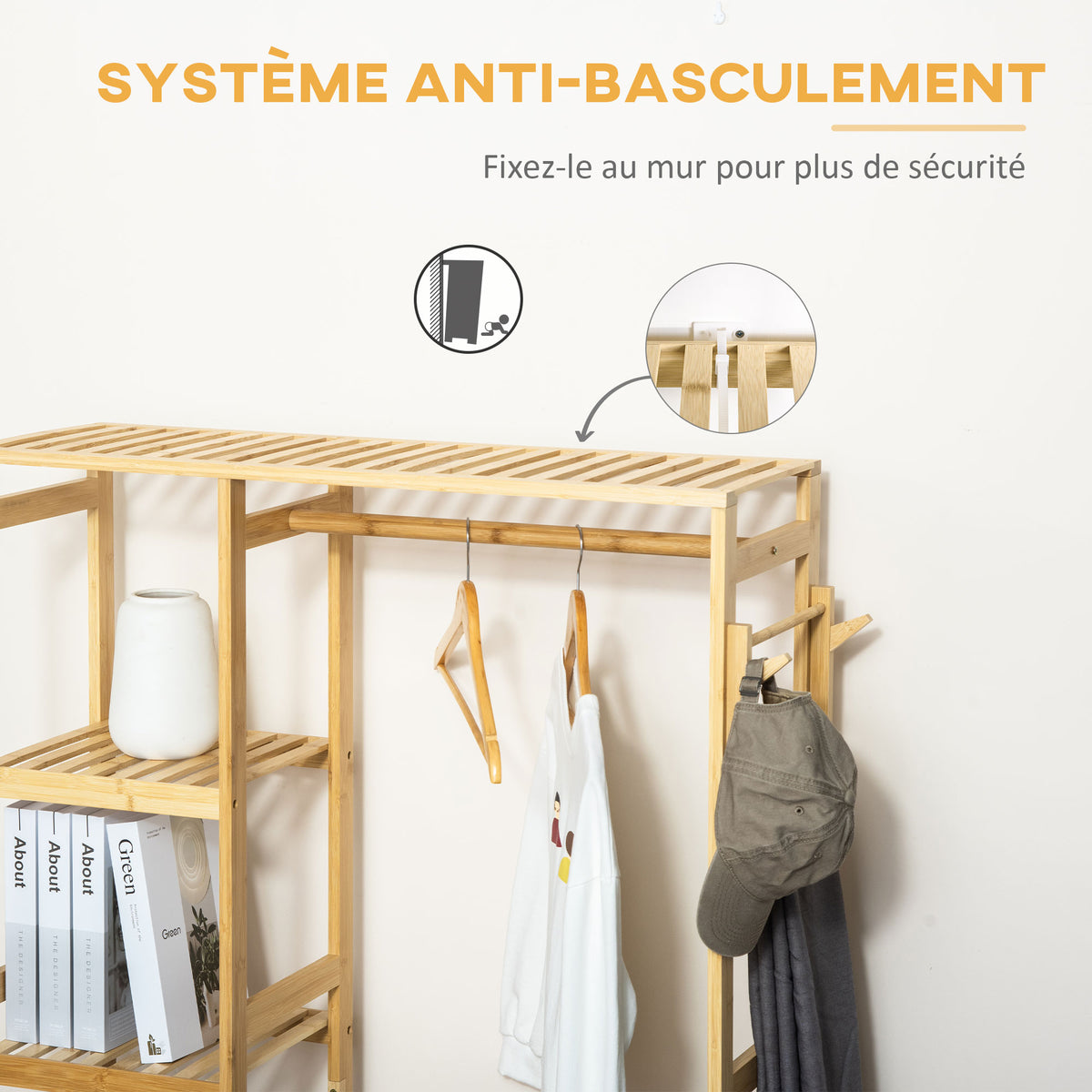 Portant à Vêtements Bambou Penderie Porte-Manteaux avec étagères, Tringle et 2 patères - dim. 90L x 30P x 155H cm
