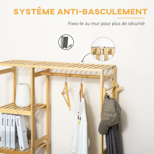 Portant à Vêtements Bambou Penderie Porte-Manteaux avec étagères, Tringle et 2 patères - dim. 90L x 30P x 155H cm