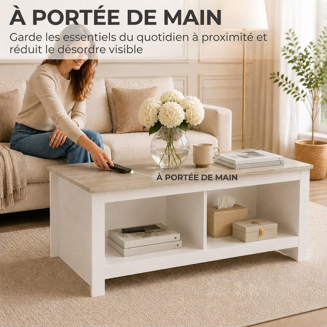 Table Basse Rectangulaire, Table de Salon Moderne avec 4 Compartiments Ouverts, 110 x 55 x 45,5 cm, Chêne et Blanc Aosom