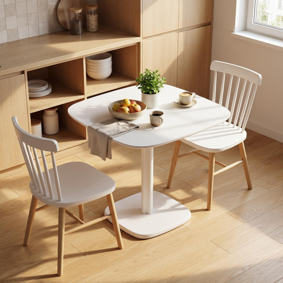 Table à manger pour 4 personne table de cuisine carrée style moderne avec plateau aspect bois, 70 x 70 cm, blanc