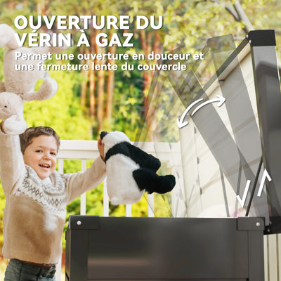 Coffre de rangement métal boîte de jardin 350L double vérins à gaz  verrouillable pour coussins outils gris anthracite