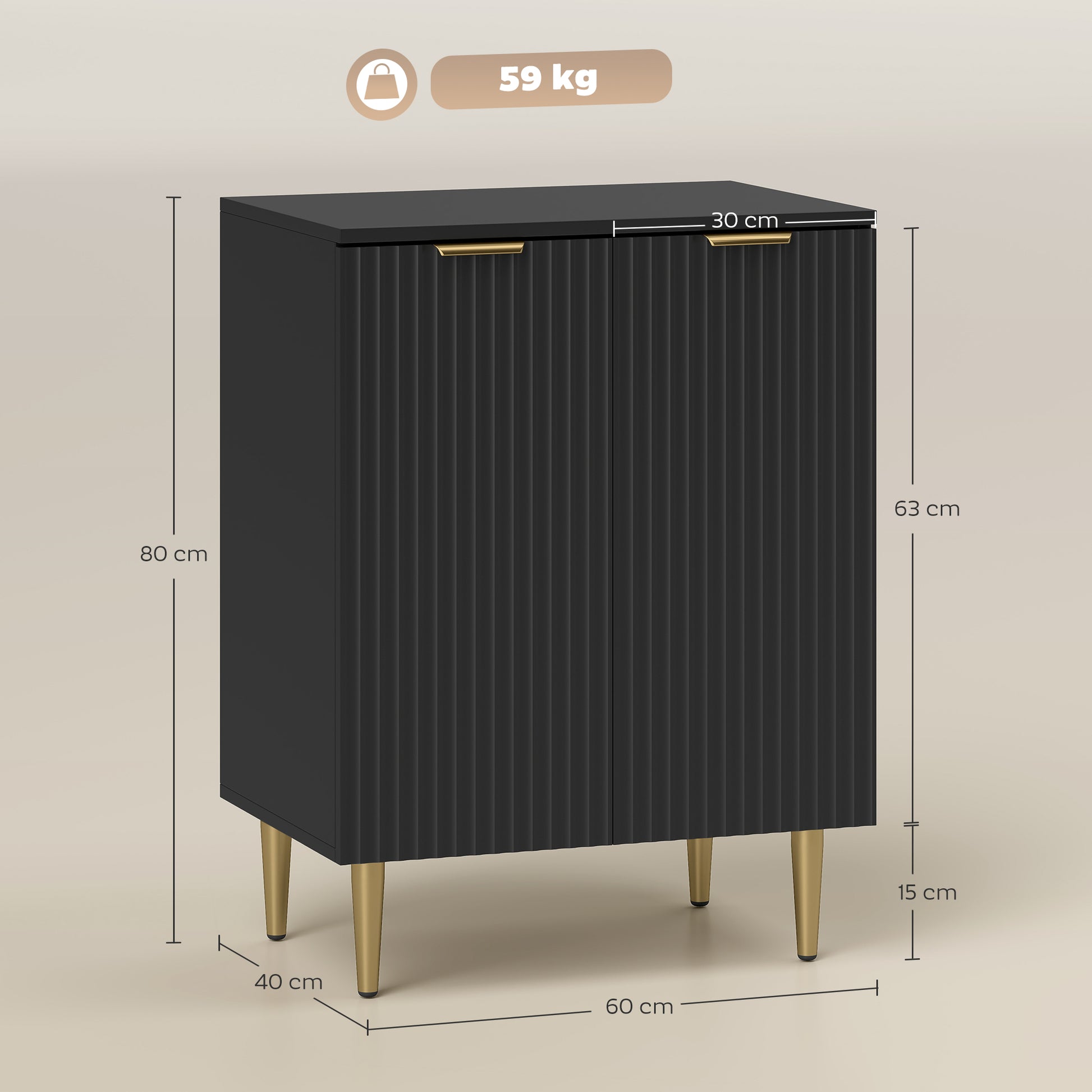 Buffet Cuisine, Meuble de Rangement avec 2 Portes, Étagère Réglable, Pieds Métalliques Surélevés, 60 x 40 x 80 cm, Noir