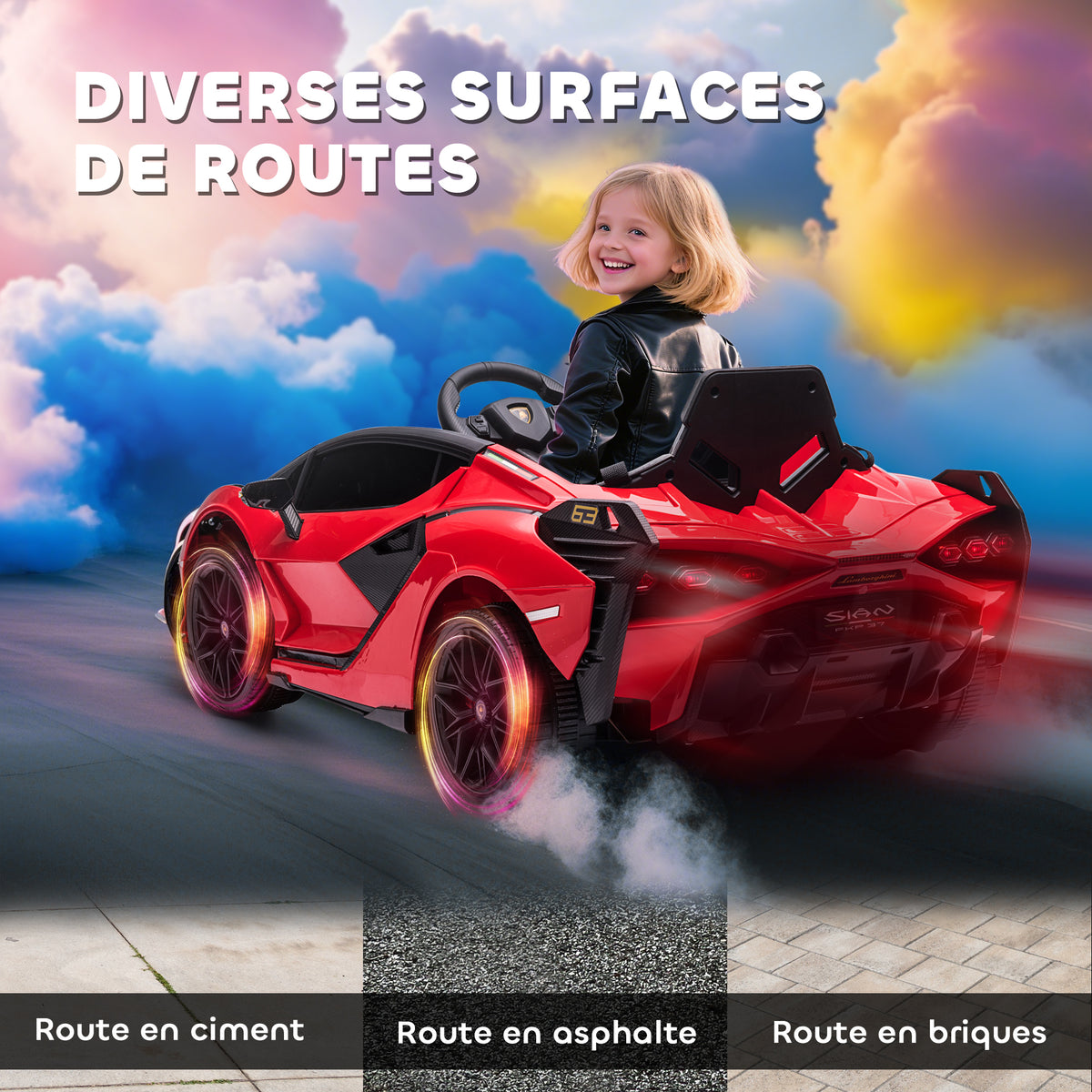 Voiture électrique Enfants de Sport Véhicule électrique Lamborghini Sian 12 V - V. Max. 5 Km/h avec Télécommande 2,4G Effets sonores + Lumineux Rouge