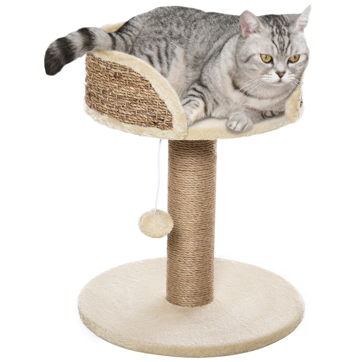 Arbre à chat arbre à grimper grattoir design jeu pompon suspendu + plateforme peluche 40 x 40 x 49 cm sisal beige