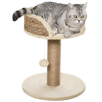 Arbre à chat arbre à grimper grattoir design jeu pompon suspendu + plateforme peluche 40 x 40 x 49 cm sisal beige