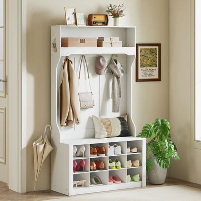 Porte-Manteau 4-en-1 avec Banc, Banc d'Entrée avec 12 Compartiments à Chaussures, 6 Crochets et Étagère Ouverte, Blanc