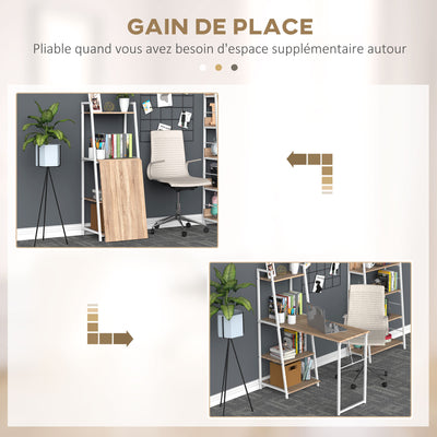 Bureau Pliable Rabattable - Bureau bibliothèque 2 en 1-4 étagères - Imitation Bois chêne Clair métal Blanc