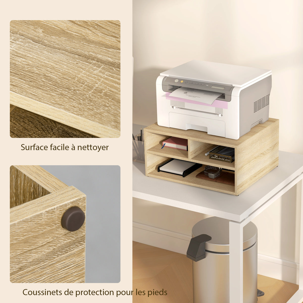 Organiseur bureau aspect bois avec 3 compartiments fournitures support d'imprimante dim. 47L x 40l x 22,5H cm