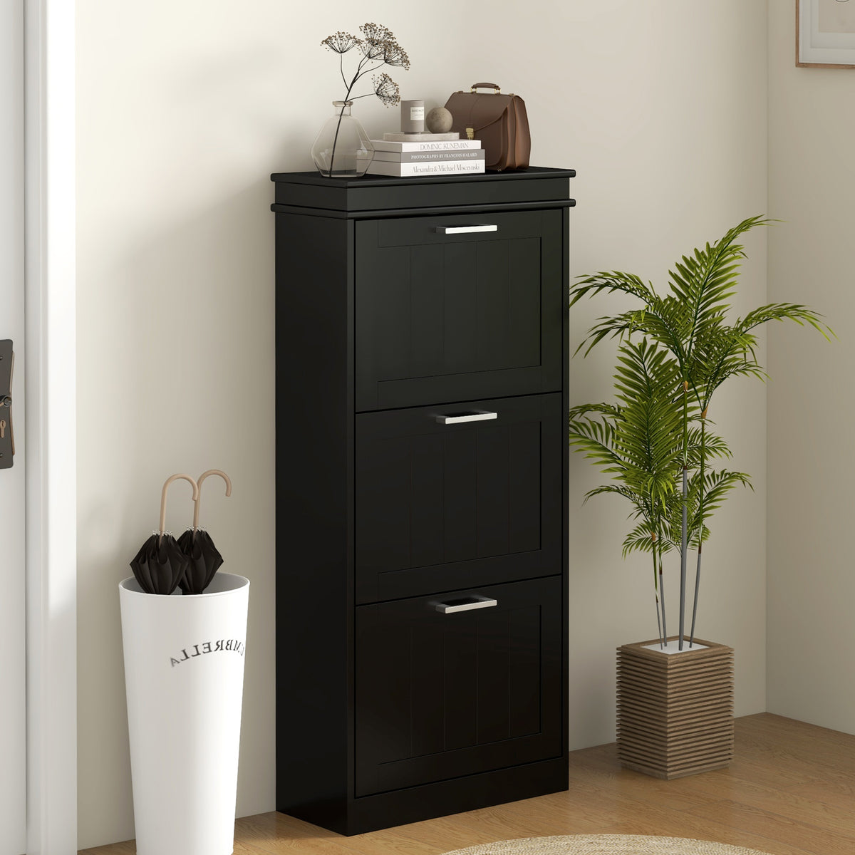 Meuble à chaussures, armoire à chaussures 3 portes abattants 15 paires, étagères réglables, 54 x 24 x 117,5 cm, noir