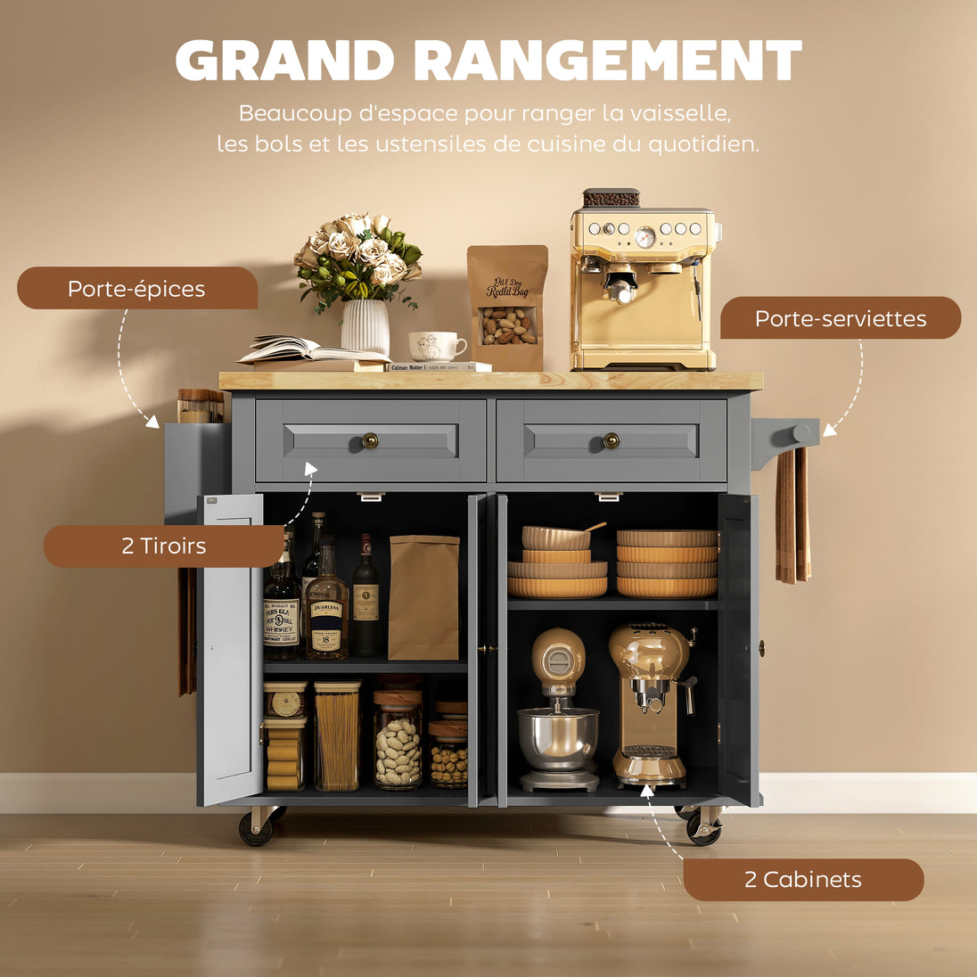 Desserte ilôt de cuisine multi rangements 2 tiroirs 2 placard 2 portes avec étagère range-bouteille Aosom