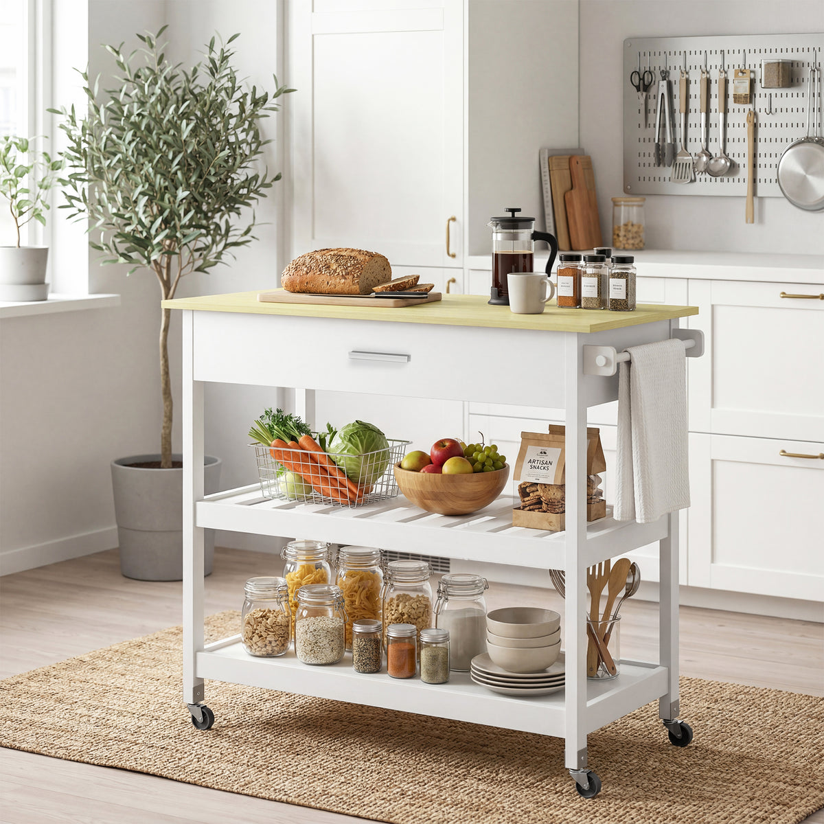 Desserte de cuisine à roulettes, îlot central cuisine avec plan de travail, tiroir, étagères, porte-serviettes, blanc