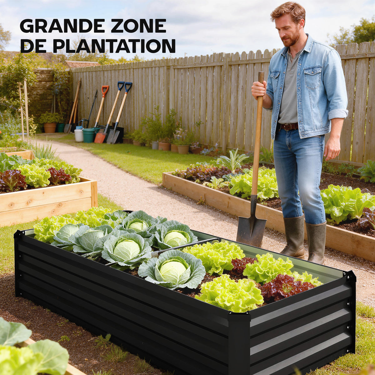 Jardinière rectangulaire potager de jardin en acier galvanisé bordure de sécurité et fond ouvert 150x70x30cm gris foncé Aosom