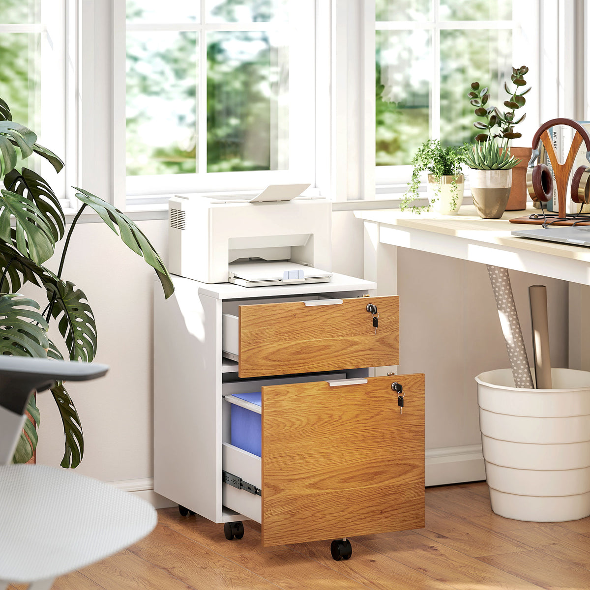 Caisson de bureau, meuble de rangement 2 tiroirs 2 barres pour dossier suspendu, verrouillable avec 2 clés 42x40x60 cm