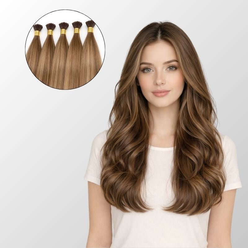 Honey Blonde Balayage (1A/1A+4Q) I-Tip Hair Extensions (50g-100g)