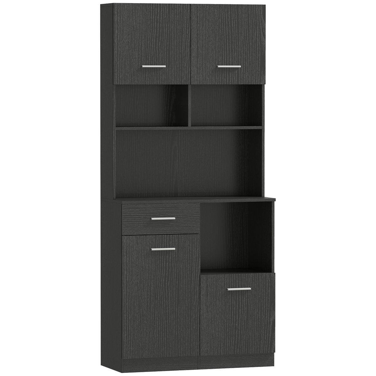 Buffet Haut Cuisine, Armoire de Cuisine avec 4 Portes à Fermeture Douce, Tiroir et Étagères Réglables, Noir