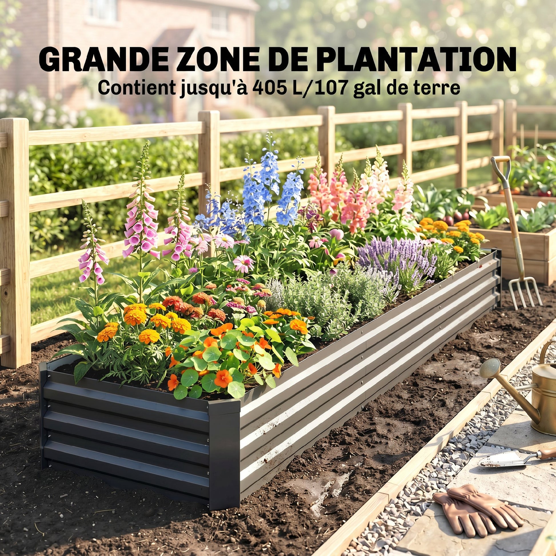 Carré potager rectangulaire, lit de jardin surélevé en acier galvanisé, fond ouvert, 240 x 60 x 30 cm, gris foncé