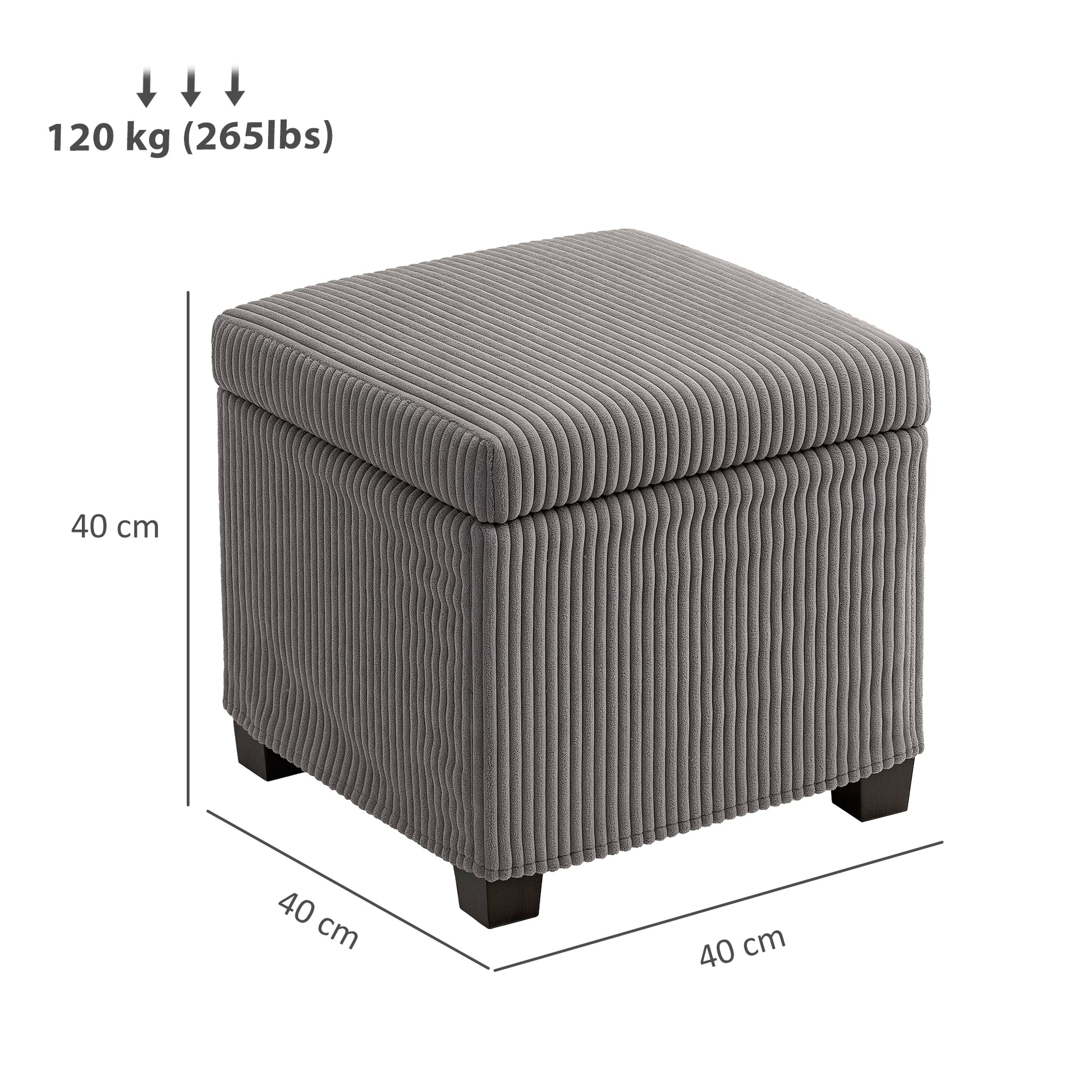 Coffre pouf rangement 30 L avec couvercle amovible, ottoman cube rembourré en velours côtelé, 40 x 40 x 40 cm, gris