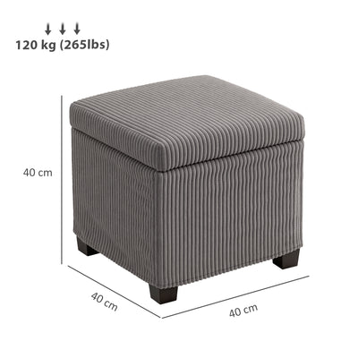 Coffre pouf rangement 30 L avec couvercle amovible, ottoman cube rembourré en velours côtelé, 40 x 40 x 40 cm, gris
