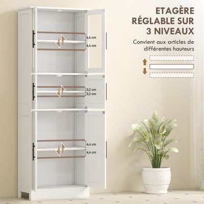 Meuble de salle de bain, meuble de rangement 6 niveaux, 6 portes dont 2 vitrées, étagères réglables, 60x30x170cm, blanc