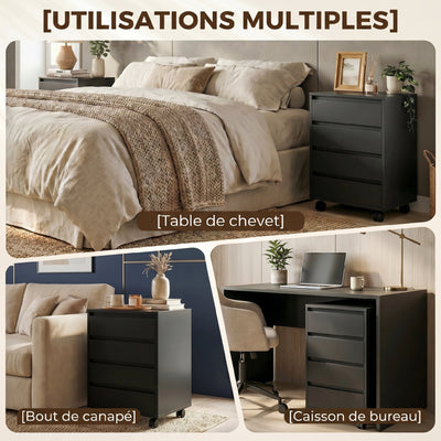 Caisson de bureau rangement bureau sur roulettes 4 tiroirs coulissants en bois aspect bois noir