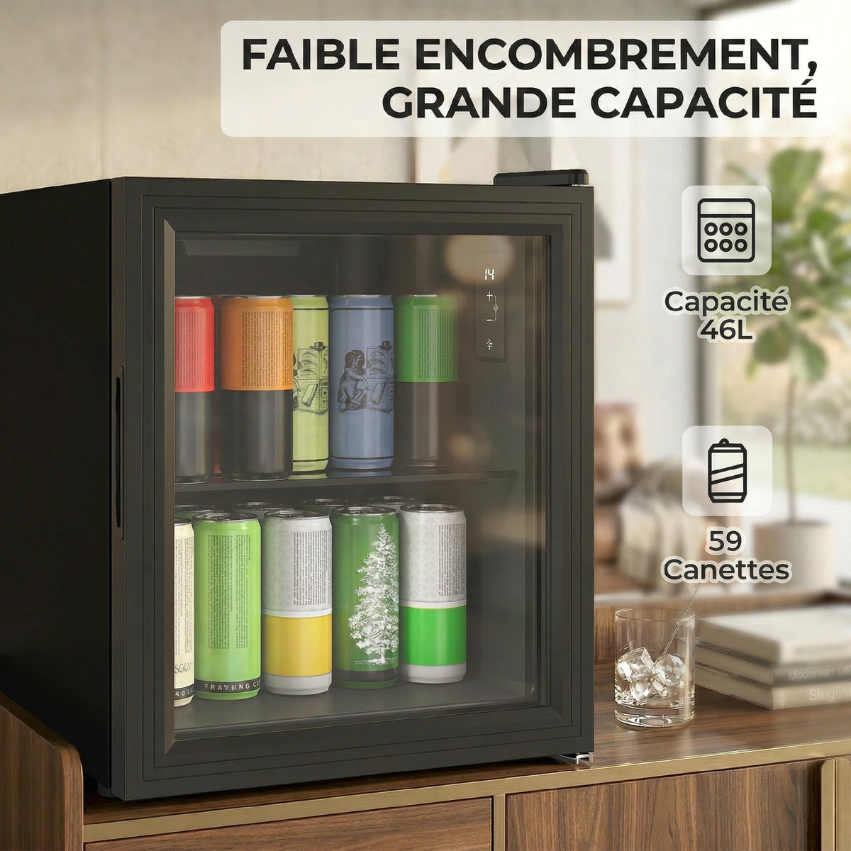 Réfrigérateur à boissons 46L 59 canettes, mini frigo silencieux pose libre avec porte en verre trempé double, noir