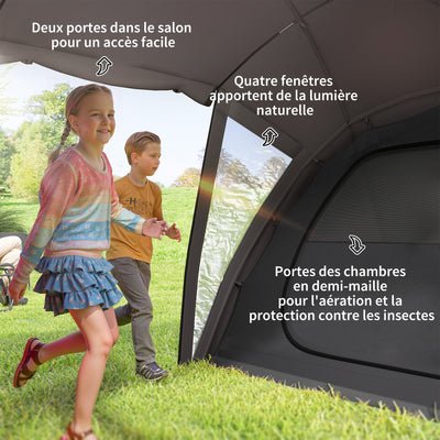 Tente de camping familiale pour 4-6 personnes, tente tunnel imperméable 3000 mm avec 2 portes, sac de transport, noir