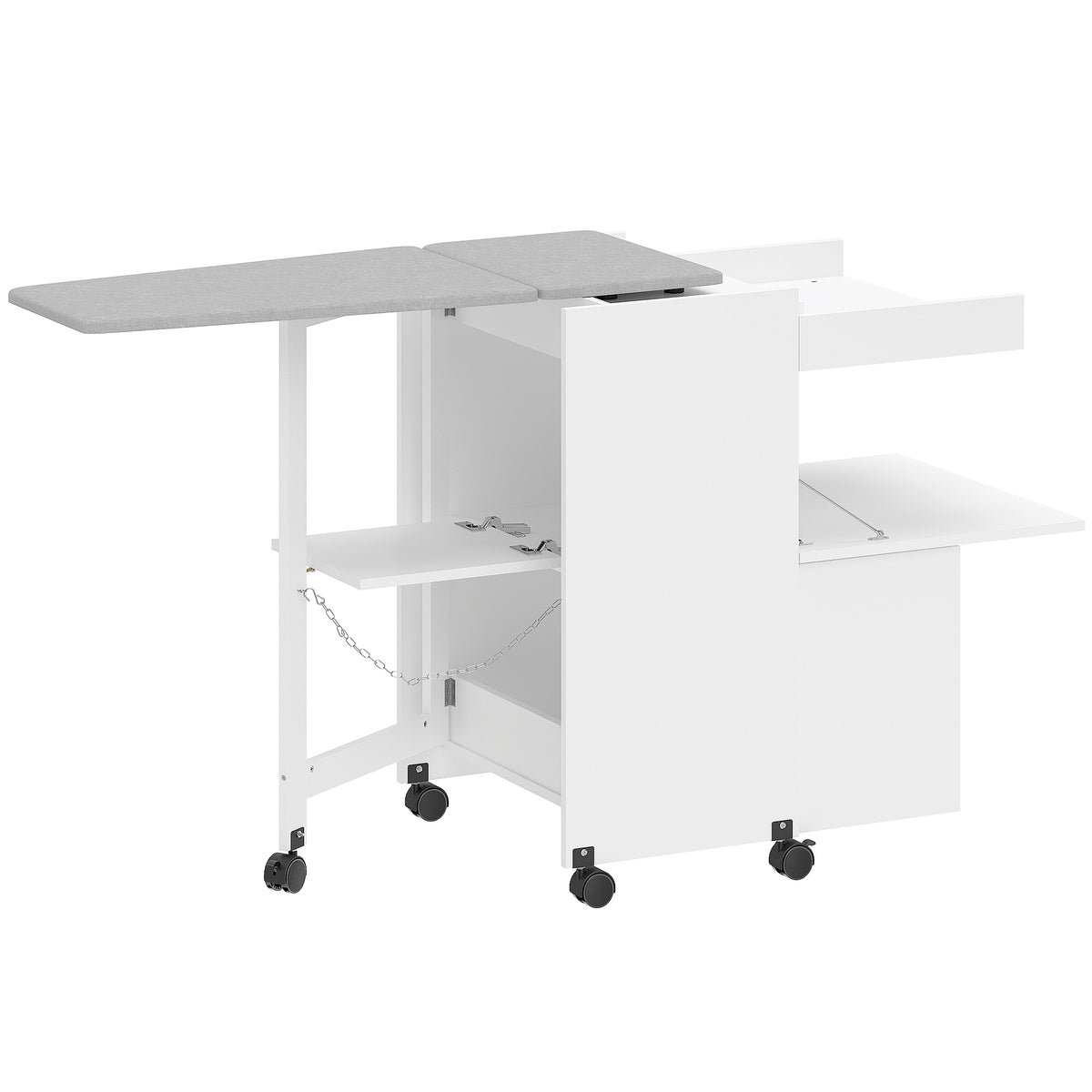 Meuble à repasser, table à repasser pliante sur roulettes avec portes par pression, charnières à fermeture douce, blanc