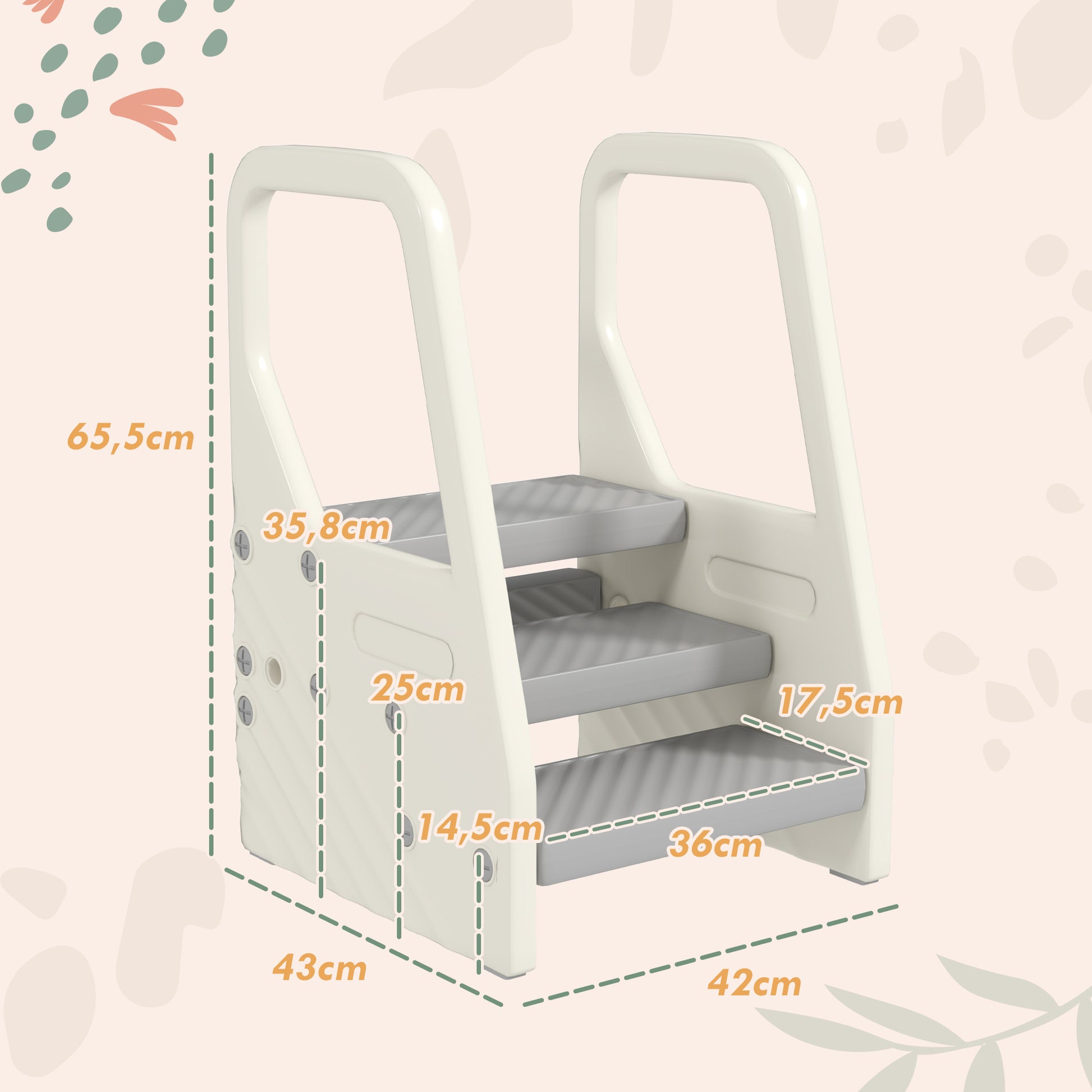 Marchepied enfant escabeau 3 marches pour enfants hauteurs réglables de 3 à 2 marches 43 x 42 x 65,5 cm gris