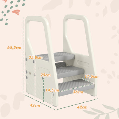 Marchepied enfant escabeau 3 marches pour enfants hauteurs réglables de 3 à 2 marches 43 x 42 x 65,5 cm gris