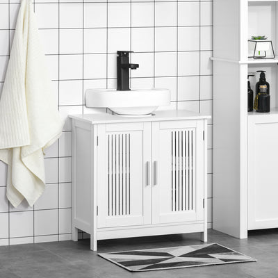 Meuble sous lavabo salle de bain - meuble sous-vasque - 2 portes rainurées avec étagère réglable - poignées alliage aluminium - dim. 60L x 30l x 60H cm - MDF blanc