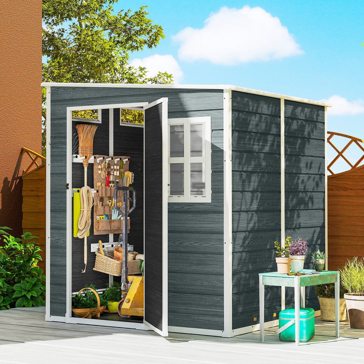Abri de Jardin Cabanon de Stockage Plancher Structure Aluminium 3 Fenêtres 2 Aérations 182x182x183cm Gris Effet Bois