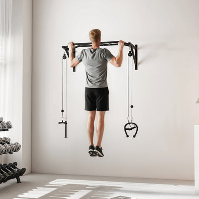 Barre de traction murale barre de fitness multi-prise système de poulie à câble charge 200kg, acier 126x60x45,5cm, noir