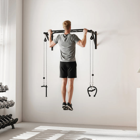 Barre de traction murale barre de fitness multi-prise système de poulie à câble charge 200kg, acier 126x60x45,5cm, noir