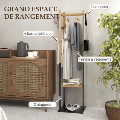 Portant pour vêtements en bambou, Porte-manteau en Bois avec tringle, étagères, patère, 4 barres latérales