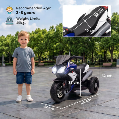 Moto électrique enfants 3 roues 6 V, voiture électrique enfants 3 à 5 ans, effets lumineux et sonores, 86x42x52cm, bleu
