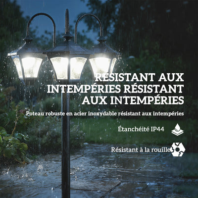 Lampadaire Extérieur sur Pied à 3 Têtes avec Bac à Fleurs, Capteur Automatique Crépuscule à L'aube, 52x52x185cm, Noir
