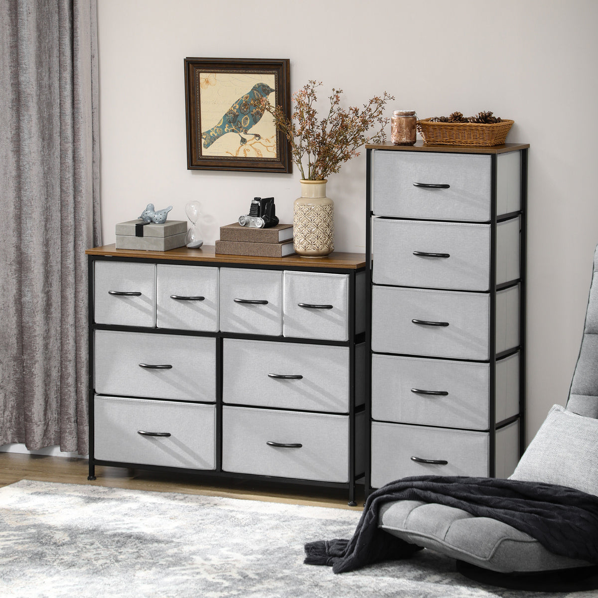 Commode 8 tiroirs meuble de rangement tiroir en tissu pliant - structure acier noir - 100 x 30 x 78 cm