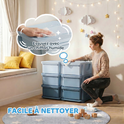 Organisateur de jouets pour enfants à 3 niveaux avec 6 tiroirs, boîtes de rangement en plastique, 75x37x56,5cm, bleu