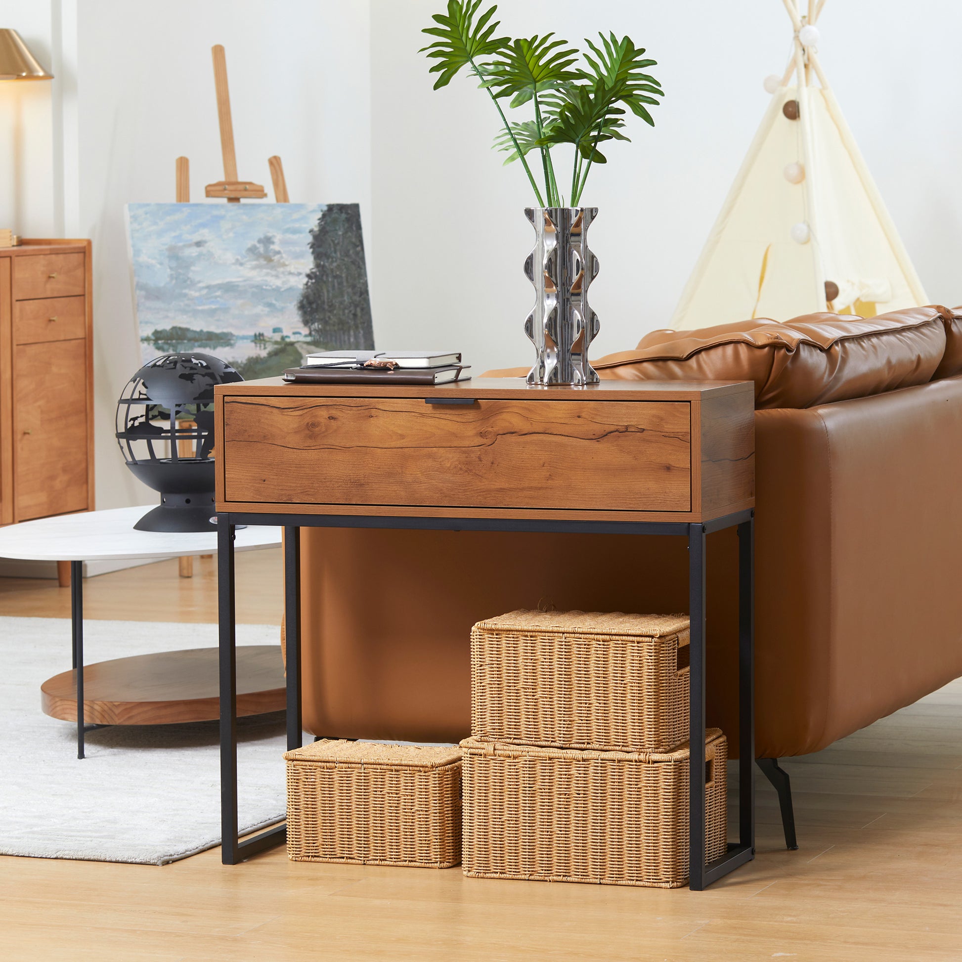 Console meuble, table console avec tiroir et pieds en acier, pour salon, entrée, couloir, 80 x 30 x 76 cm, marron