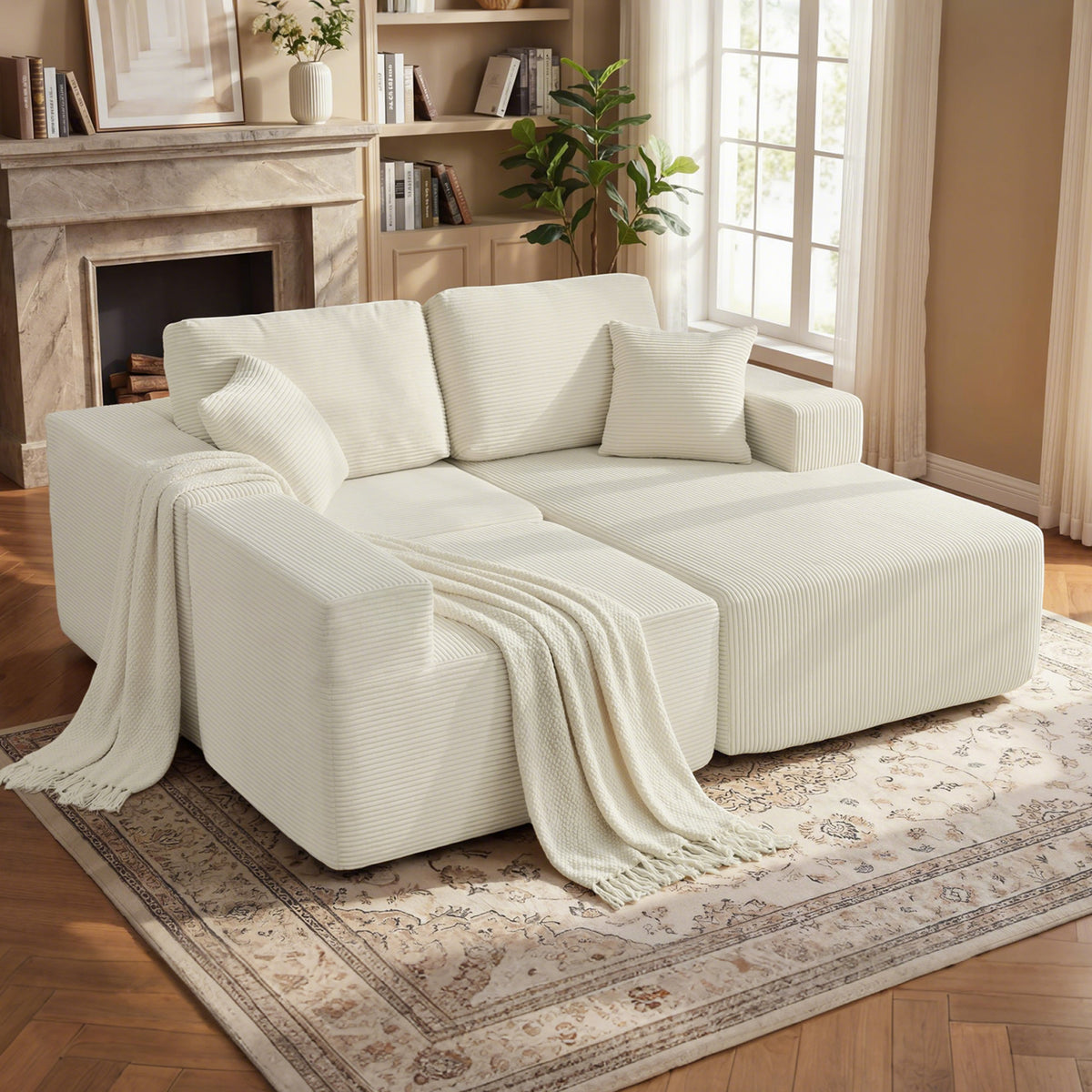 Canapé d'angle modulable 2 en 1, 267cm, canapé-lit 3 places en velours côtelé, larges assise et accoudoirs, crème