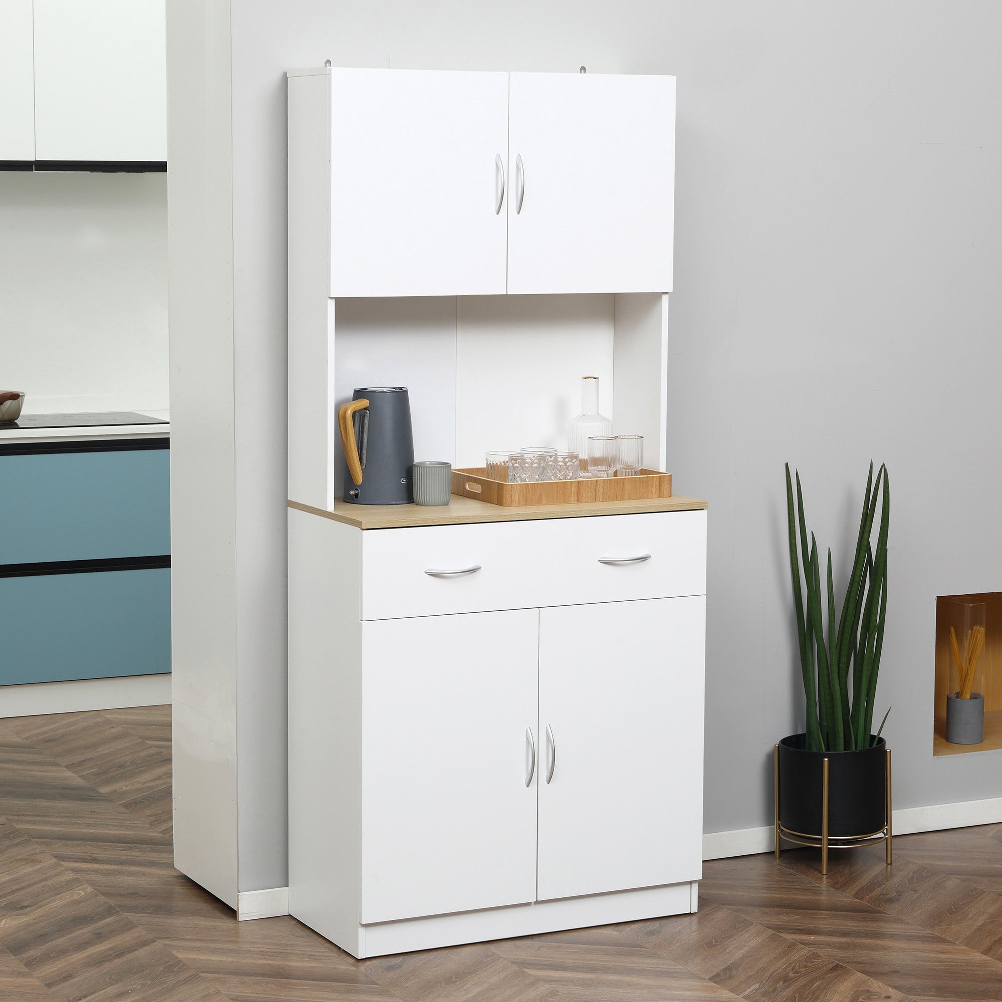 Buffet haut cuisine, armoire de cuisine, 4 portes, tiroir, plan de travail et étagères réglables, 80x40x180cm, blanc