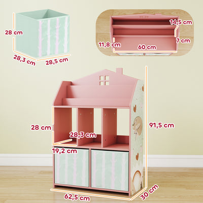 Meuble rangement enfant, bibliothèque enfants avec étagères ouvertes et 2 tiroirs en tissu, MDF, rose