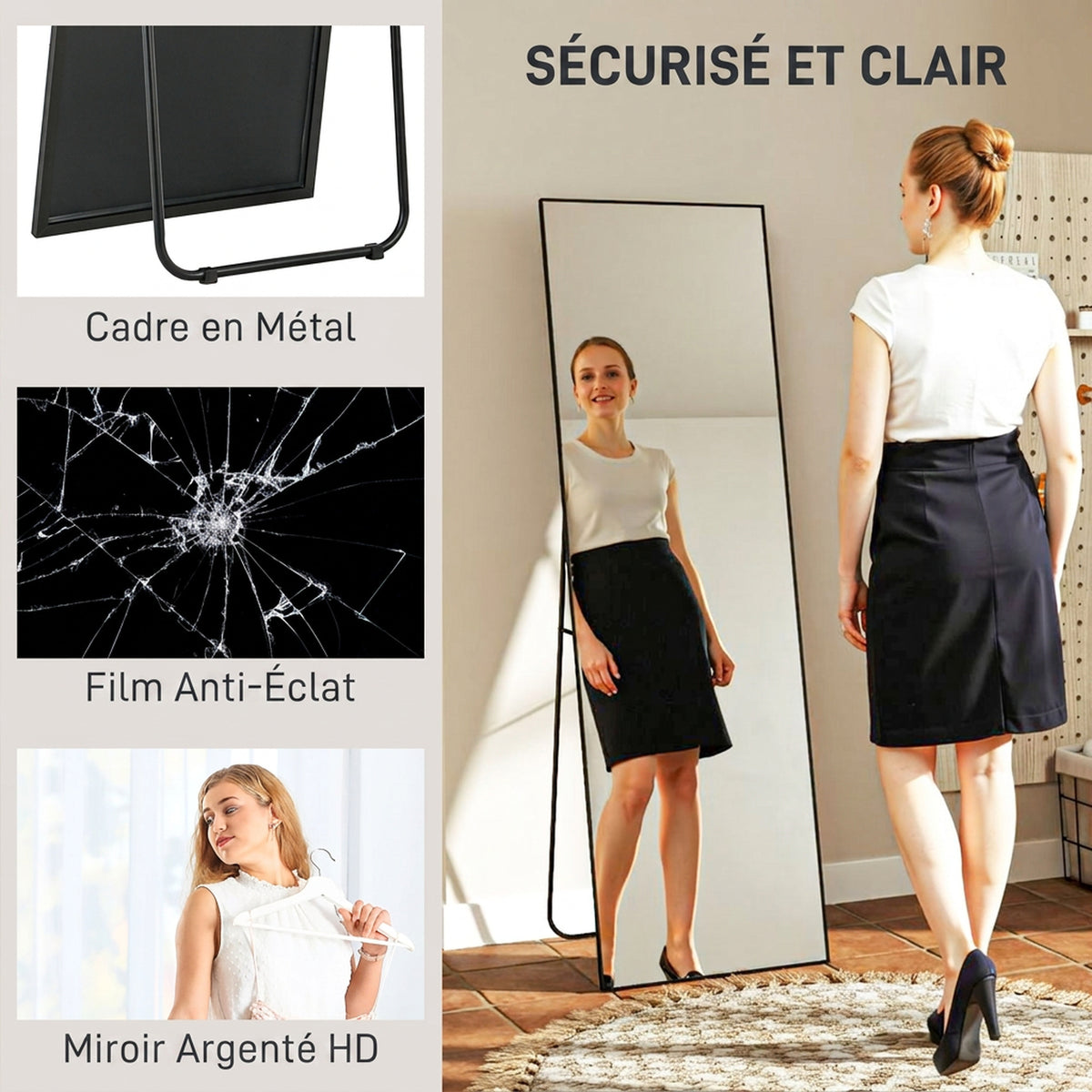 Grand miroir pleine longueur rectangulaire, 50 x 160 cm, miroir sur pied, mural ou pocé contre mur, noir