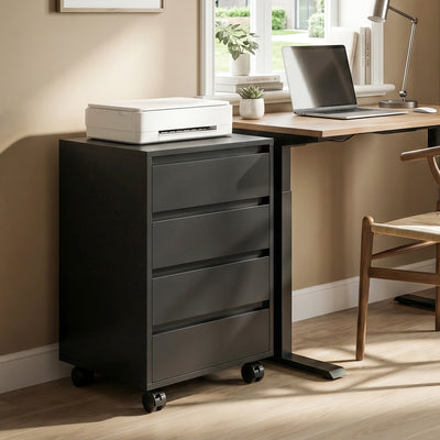 Caisson de bureau rangement bureau sur roulettes 4 tiroirs coulissants en bois aspect bois noir