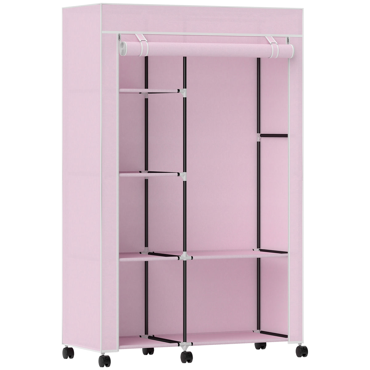 Armoire penderie en tissu meuble de rangement 6 roulettes tringle à vêtements et étagères ouvertes 103x43x162,5cm rose