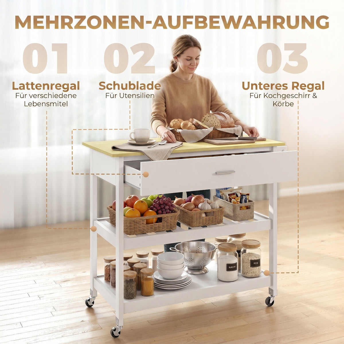 Desserte de cuisine à roulettes, îlot central cuisine avec plan de travail, tiroir, étagères, porte-serviettes, blanc