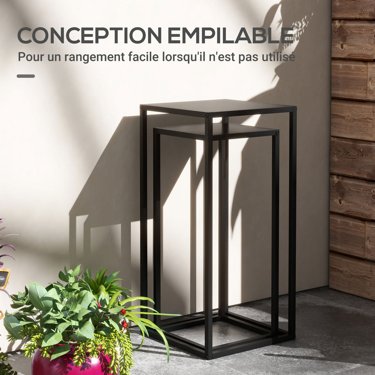 Lot de 2 supports pot de fleurs encastrables 2 hauteurs différentes 58,5 et 65 cm - acier noir