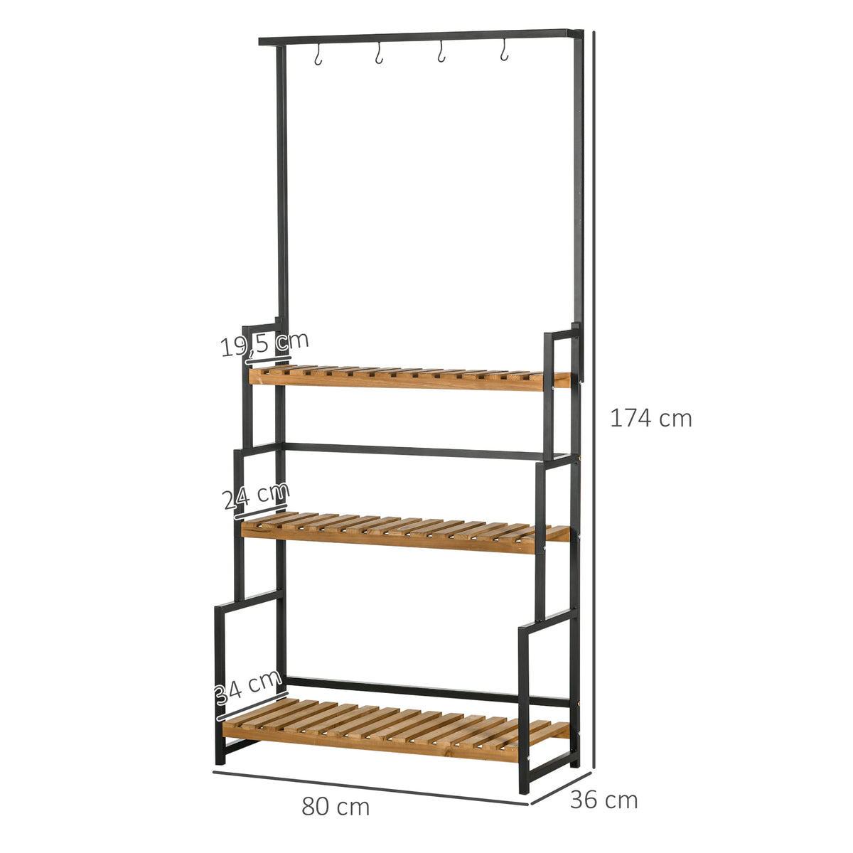 Porte plante suspendue en bois 3 niveaux + barre support avec 4 crochets pour pots suspendus 80 x 36 x 174 cm