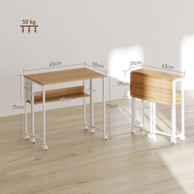 Bureau pliable sur roulettes 63 x 50 cm avec étagère et sac de rangement, bois naturel