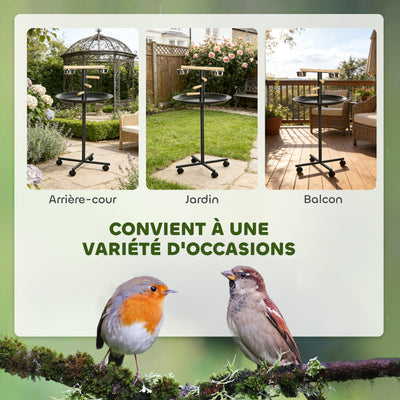 Perchoir perroquet mangeoire à oiseaux sur pied 4 roulettes, 2 mangeoires en acier inoxydable, Ø 60 x 111 cm, gris